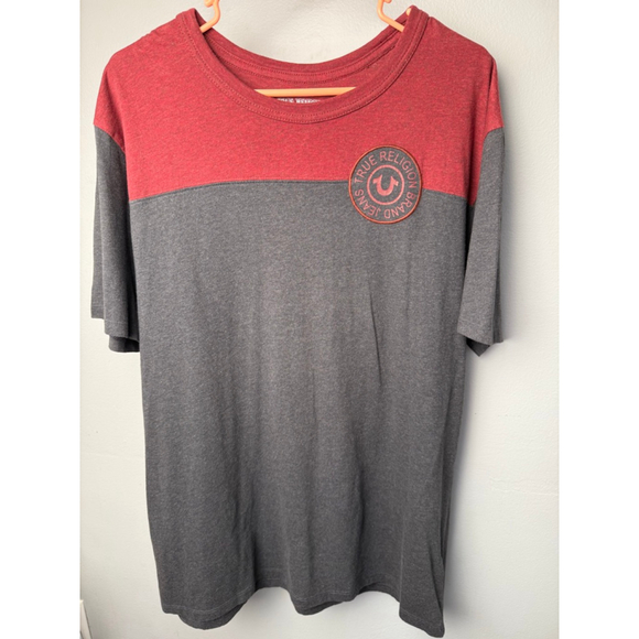 Men's True Religion Red Grey Colorblock Short Sleeve Tee Shirt XXL - Picture 1 of 9